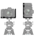Leofoto LPF-X-S10 L-bevestiging demonstratie van camera op statief in liggende en staande stand met dezelfde L-bracket.