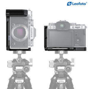 Leofoto LPF-X-T5 L-bevestiging gemonteerd op Fujifilm X-T5 camera op statief in horizontale en verticale positie.