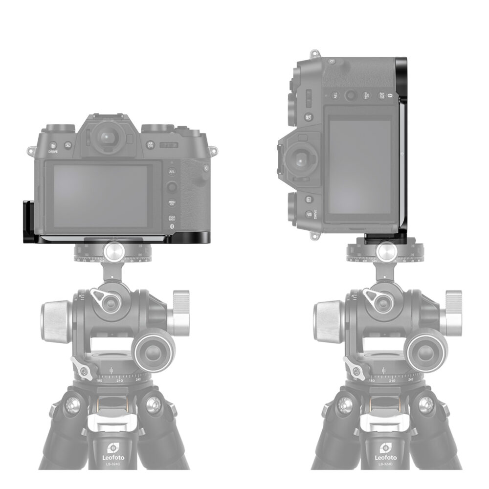 Leofoto LPF-X-T50 L-bevestiging gemonteerd op Fujifilm X-T50 op statief in zowel horizontale als verticale camerastand.