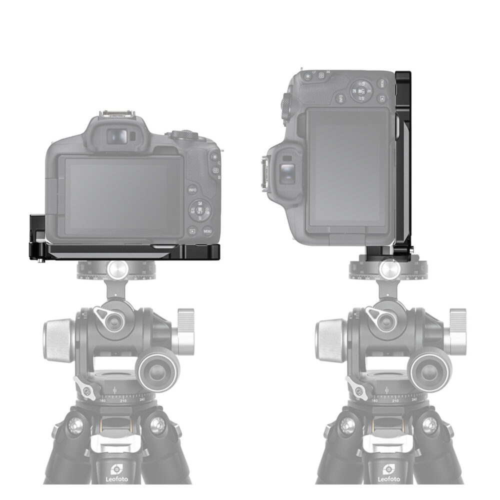 Leofoto LPC-R50 L-bevestiging voorbeeldmontage met Canon EOS R50 horizontaal en verticaal op statiefkop.
