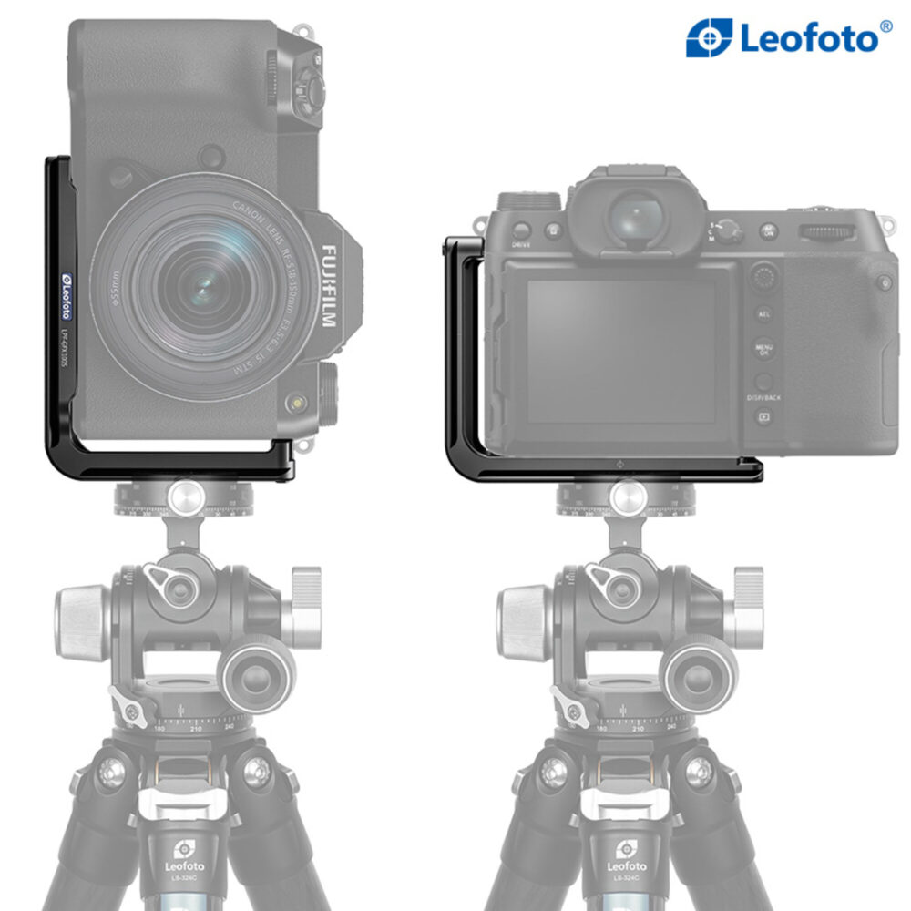 Leofoto LPF-GFX-100S L-bevestiging gemonteerd op Fujifilm GFX100S op statief in liggende en staande positie.