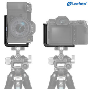 Leofoto LPF-GFX-100S L-bevestiging gemonteerd op Fujifilm GFX100S op statief in liggende en staande positie.