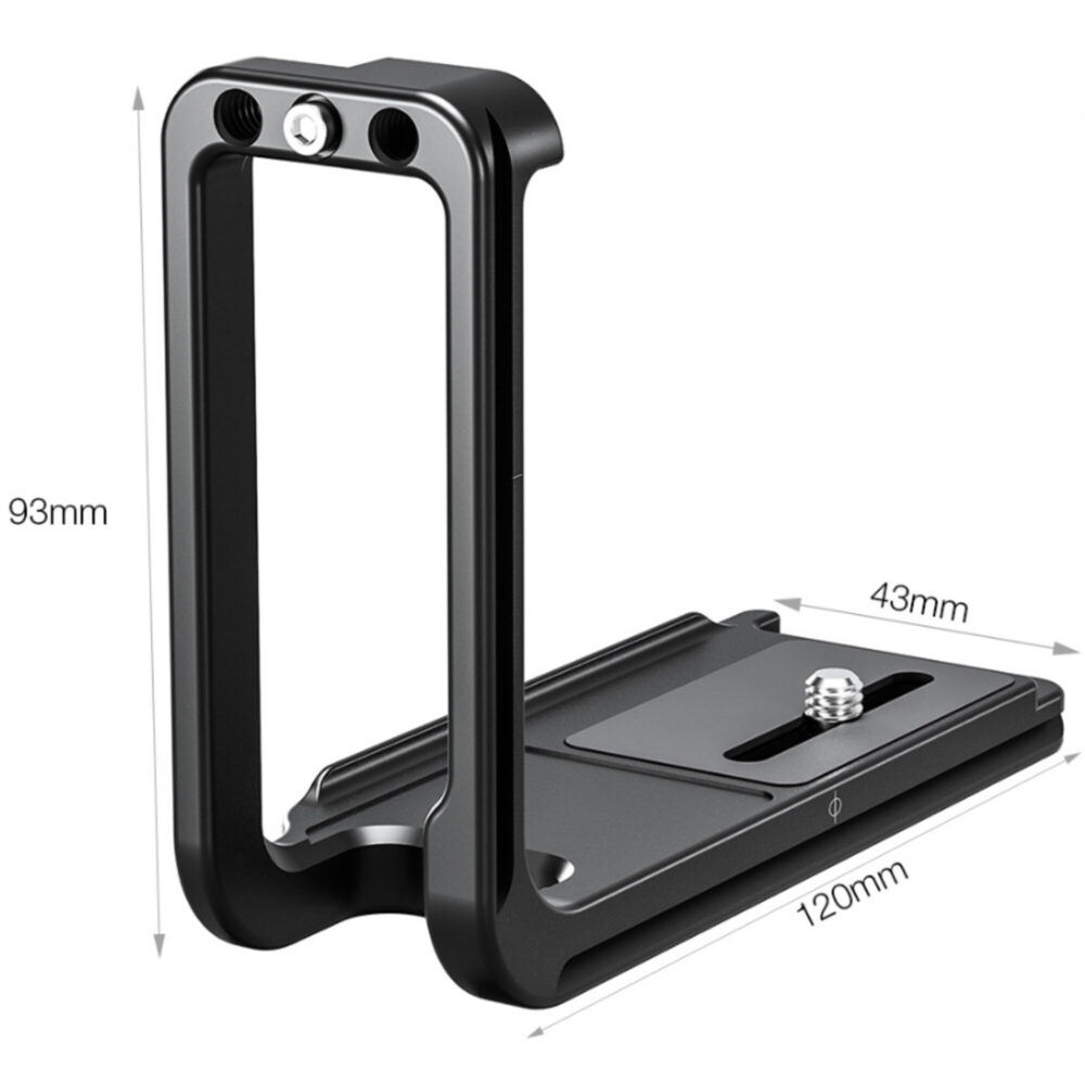 Leofoto LPF-GFX-100S L-bevestiging productfoto met aangegeven afmetingen 93mm hoog, 120mm lang en 43mm breed.