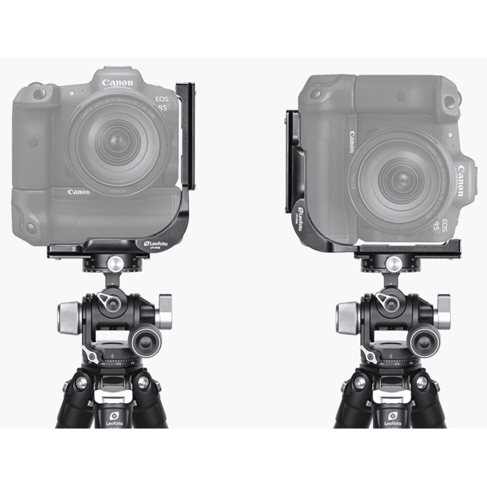 Leofoto LPC-R5B L-bevestiging gemonteerd op Canon EOS R5/R6 met batterijgreep in horizontale en verticale stand op statief.
