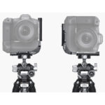 Leofoto LPC-R5B L-bevestiging gemonteerd op Canon EOS R5/R6 met batterijgreep in horizontale en verticale stand op statief.