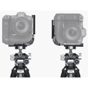 Leofoto LPC-R5B L-bevestiging gemonteerd op Canon EOS R5/R6 met batterijgreep in horizontale en verticale stand op statief.