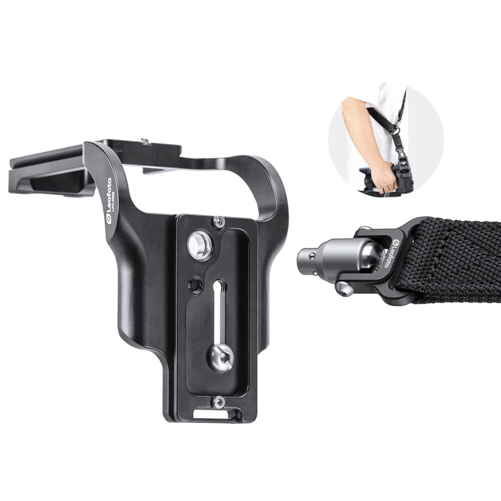 Leofoto LPC-R5B L-bevestiging achteraanzicht met sleuf voor 1/4" schroef en bevestigingspunt voor Leofoto SP-01 draagriem.