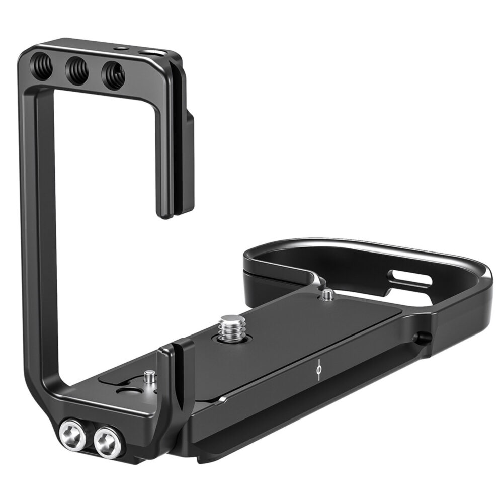 Leofoto LPC-R6II L-bevestiging close-up met lange verticale plaat en dubbele bevestigingsgaten.