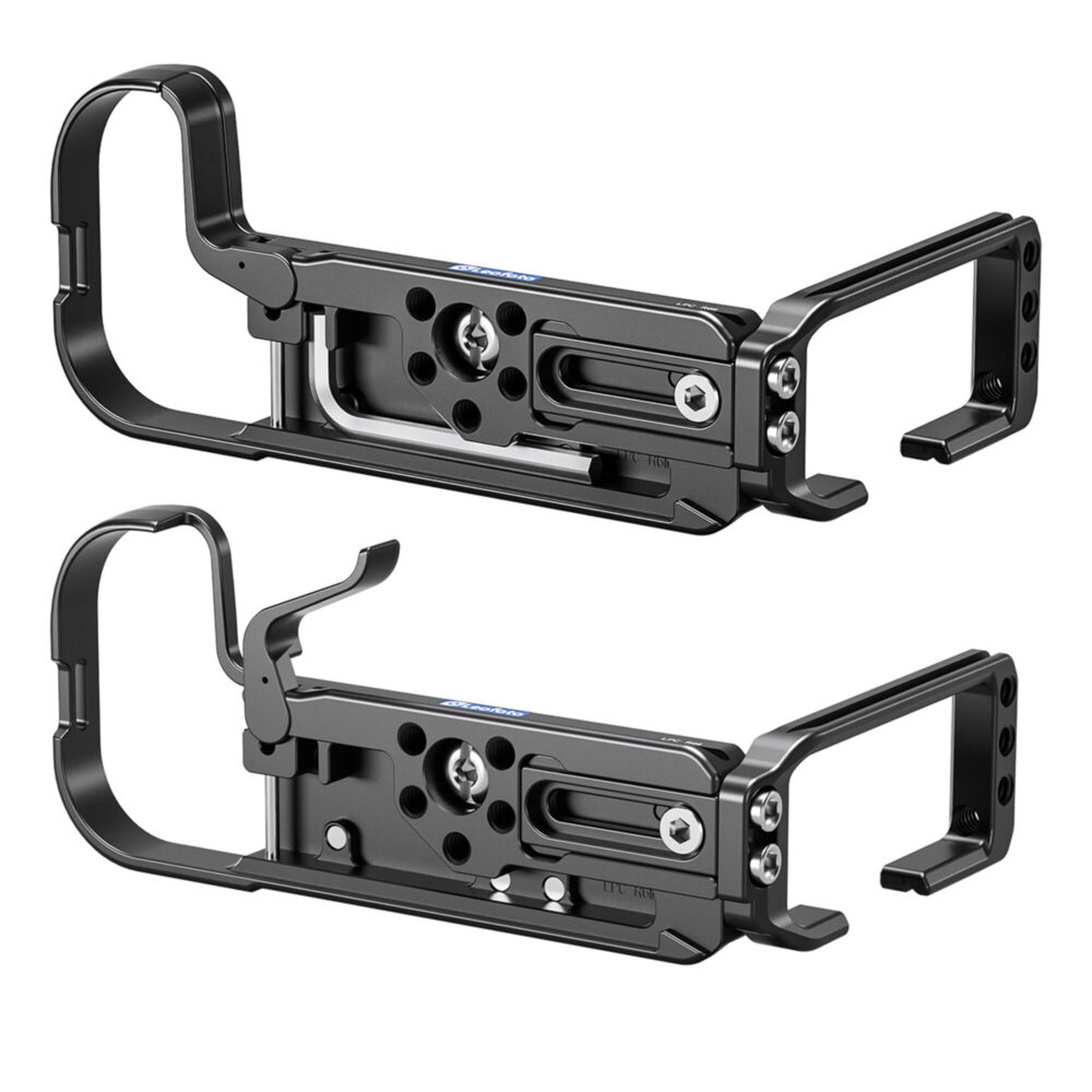 Leofoto LPC-R6II L-bevestiging enkel onderaanzicht met freeswerk en Arca-Swiss profiel over de volledige lengte.