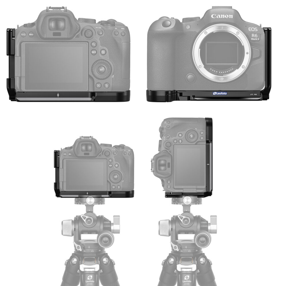 Leofoto LPC-R6II L-bevestiging gemonteerd op Canon EOS R6 II body op statief in liggende en staande camerastand.