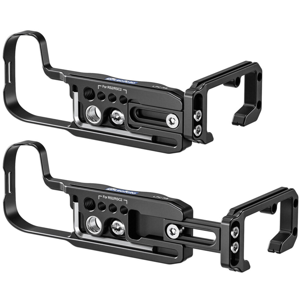 Leofoto LPC-R8 L-bevestiging onderzijde in twee configuraties met verschuifbare en afneembare zijplaat.