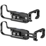 Leofoto LPC-R8 L-bevestiging onderzijde in twee configuraties met verschuifbare en afneembare zijplaat.