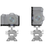 Leofoto LPC-R8 L-bevestiging gemonteerd op Canon EOS R8 op statief in liggende en staande camerastand.