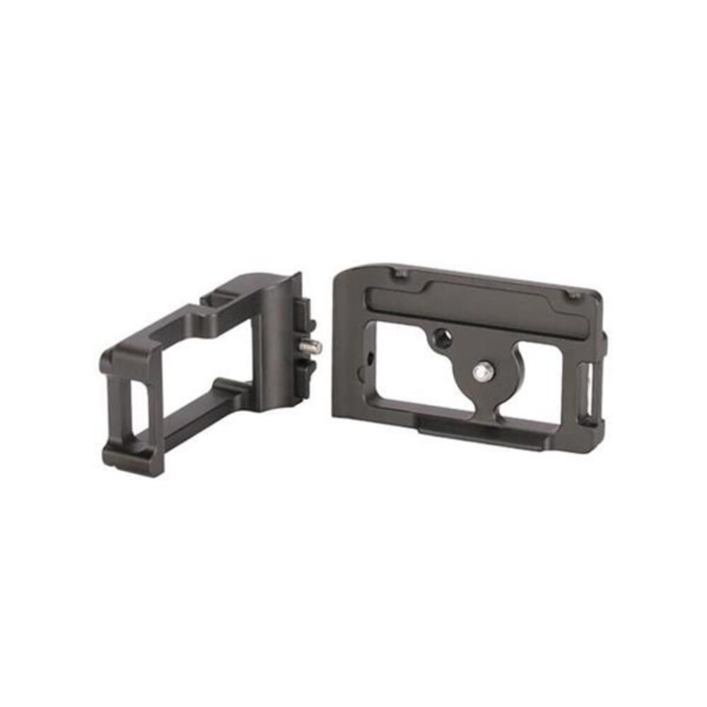 Leofoto LPC-5DIIIN L-bevestiging losse basisplaat en losse L-winkel naast elkaar gelegd om de tweedelige constructie te tonen.