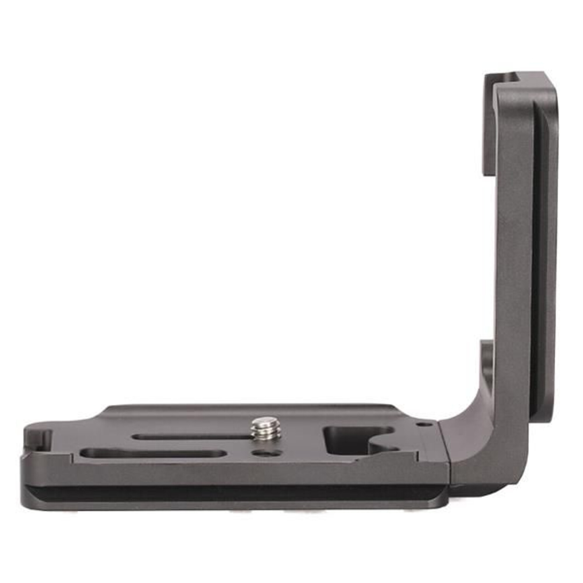 Leofoto LPC-70D L-Beugel perspectiefaanzicht van L-bracket met sleuven in de basis, 1/4"-statiefschroef en opstaande hoek.
