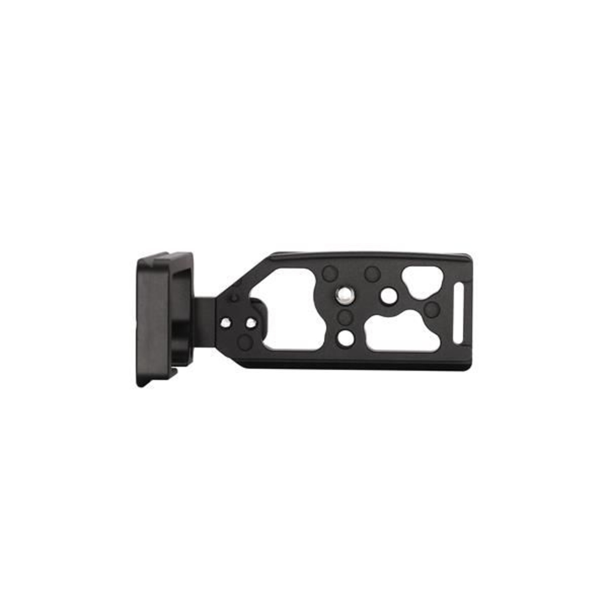 Leofoto LPC-EOS-RP L-Beugel bovenaanzicht van uitgefreesde basisplaat met meerdere bevestigingsopeningen en 1/4-inch schroef.