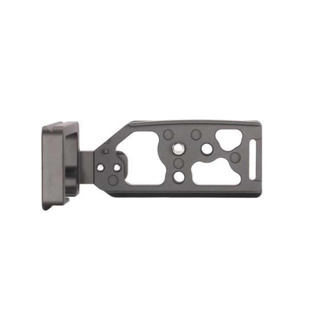 Leofoto LPC-EOSR L-Beugel zijaanzicht van uitgefreesde basisplaat met bevestigingsblok en opengewerkte structuur.