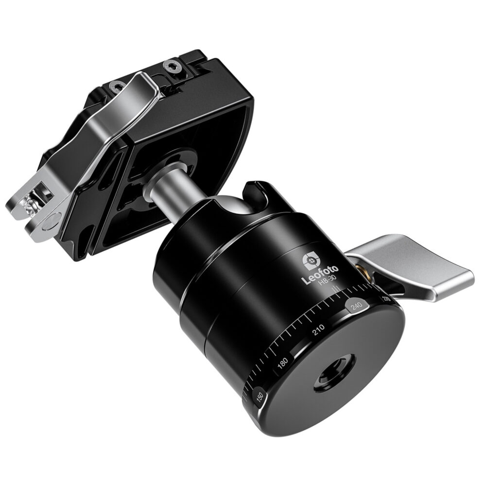 Leofoto statief-kogelkop HB-30 + NP-50 kogelkop liggend met zicht op onderzijde met 3/8-inch statiefaansluiting.