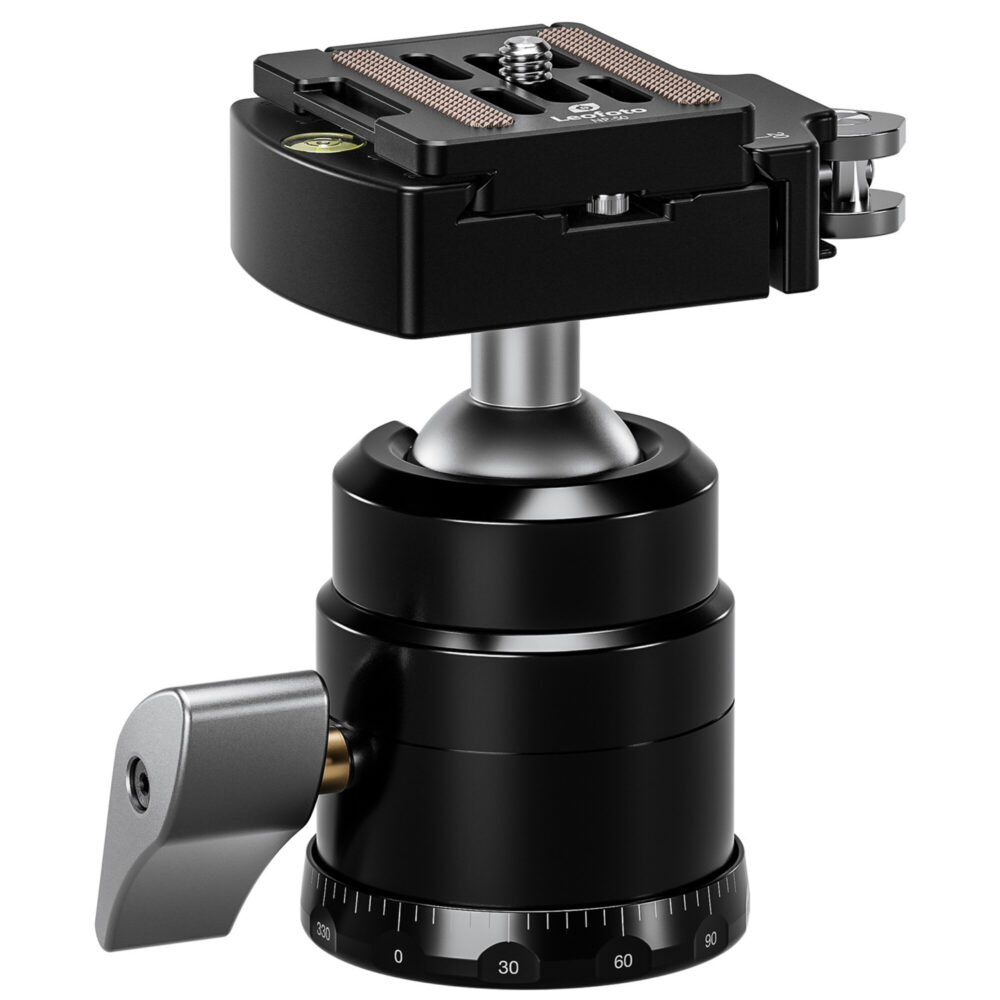 Leofoto statief-kogelkop HB-30 + NP-50 kogelkop liggend met zicht op onderzijde met 3/8-inch statiefaansluiting.