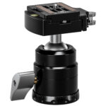 Leofoto statief-kogelkop HB-30 + NP-50 kogelkop liggend met zicht op onderzijde met 3/8-inch statiefaansluiting.
