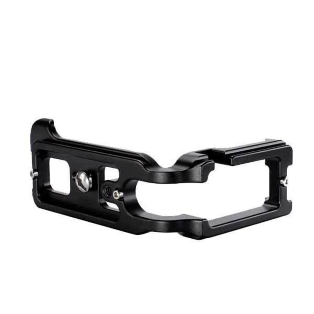 Leofoto LPC-5D MKIV L-beugel liggend perspectief met uitgefreesde basisplaat en opengewerkte verticale steun.