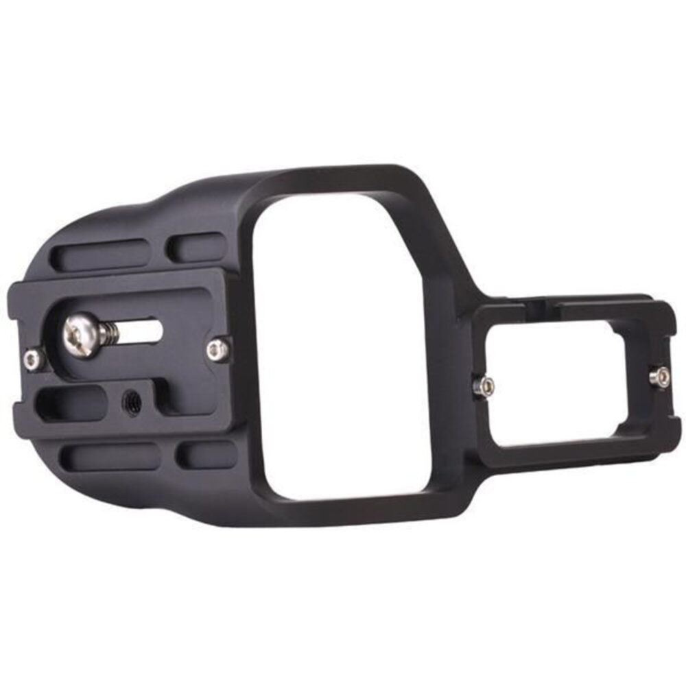 Leofoto LPC-5DIIIB L-beugel bovenaanzicht van uitgefreesde basisplaat en open framevormige verticale steun in één stuk aluminium.