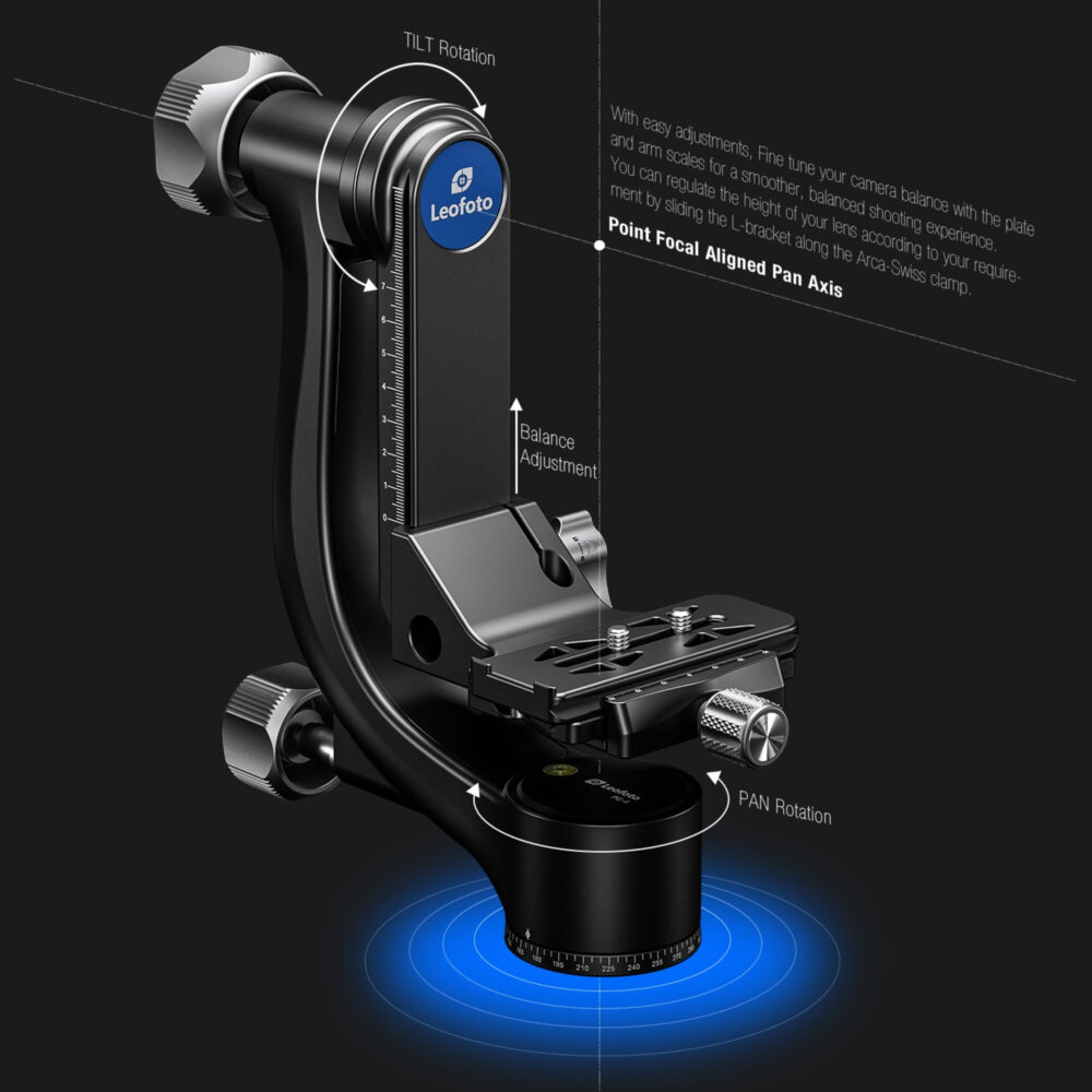 Leofoto PG-4 2-weg kantelkop technische illustratie op zwarte achtergrond met blauwe verlichting onder de draaibasis.