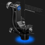 Leofoto-2-way-panheads-PG-4-Gimbal-4 Leofoto PG-4 2-weg kantelkop technische illustratie op zwarte achtergrond met blauwe verlichting onder de draaibasis.