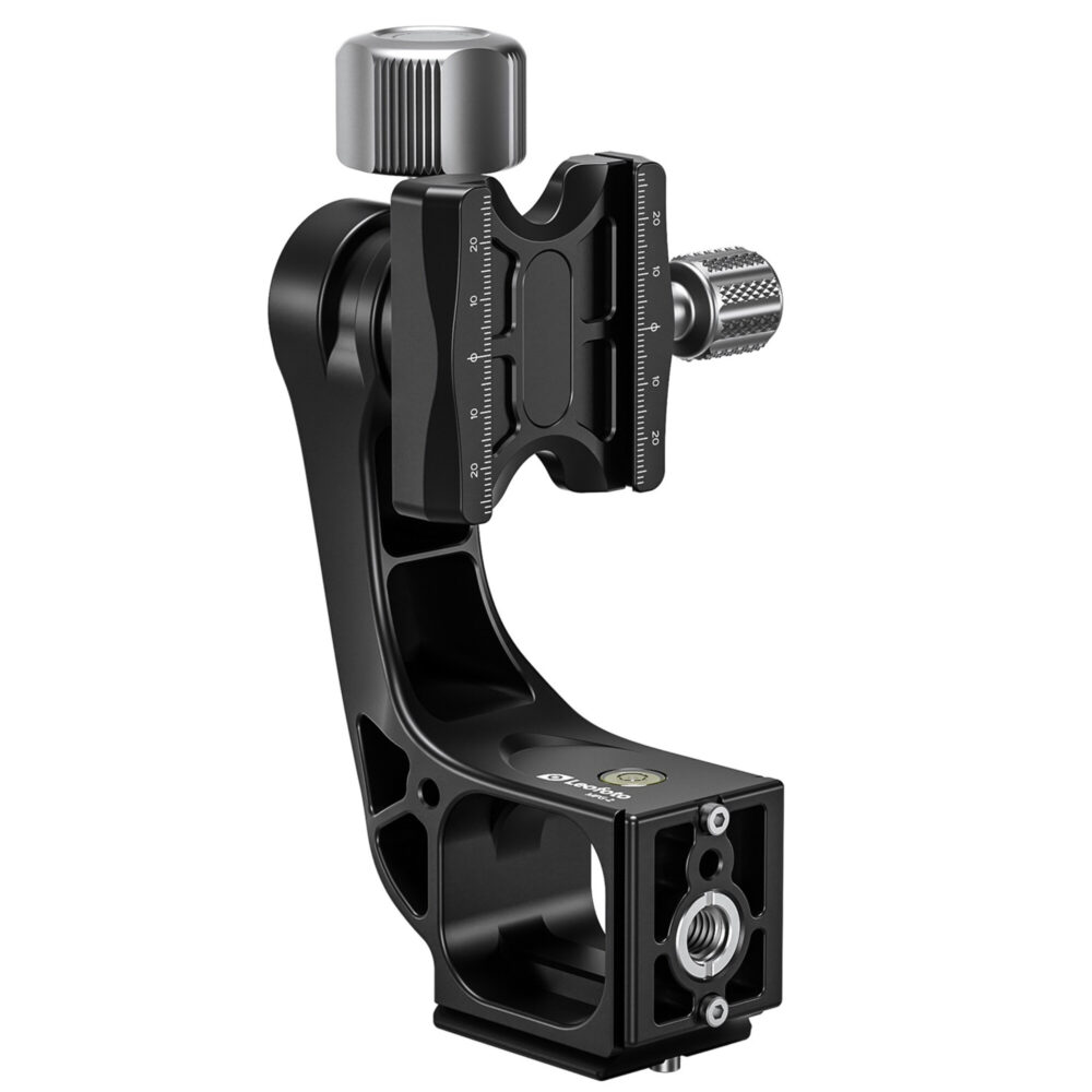 Leofoto MPG-2 Gimbal-uitbreiding liggend perspectief met zicht op klem, slede en dubbele bevestigingsschroeven.