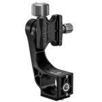 Leofoto MPG-2 Gimbal-uitbreiding liggend perspectief met zicht op klem, slede en dubbele bevestigingsschroeven.