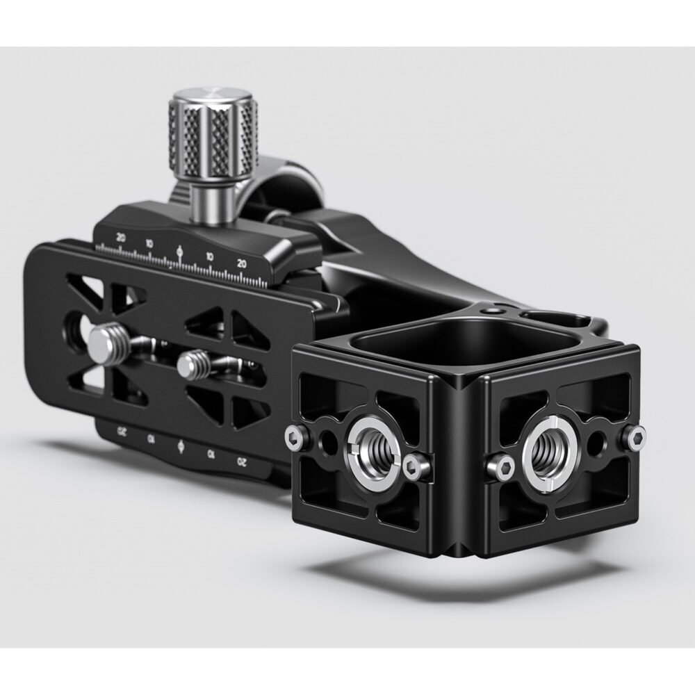 Leofoto MPG-2 Gimbal-uitbreiding rechtop gemonteerd met Arca-Swiss-klem op lichtgrijze achtergrond.