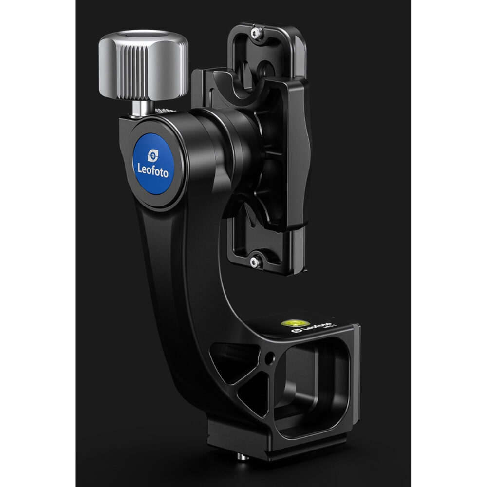 Leofoto MPG-2 Gimbal-uitbreiding zijaanzicht op zwarte achtergrond met duidelijk zichtbare boogvormige arm.