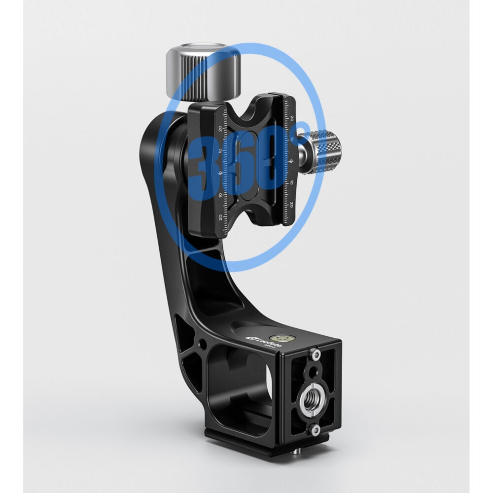Leofoto MPG-2 Gimbal-uitbreiding demonstratiebeeld waarop de draaibeweging van de klem rond de arm wordt weergegeven.