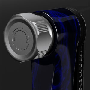Leofoto PG-3 2-weg kantelkop close-up van groot verstelwiel met blauwe carbon afwerking.