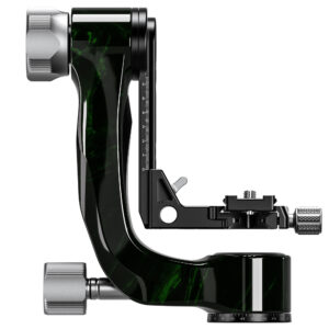 Leofoto PG-3 2-weg kantelkop groene carbon gimbal zijaanzicht met verstelbare snelkoppelingsplaat.