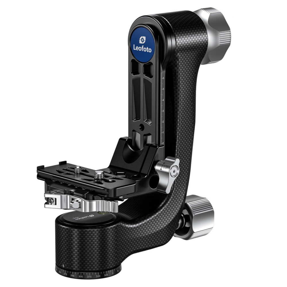 Leofoto PG-3L 2-weg kantelkop carbon gimbal frontaal aanzicht met verticale arm, schaalverdeling en lange snelkoppelingsplaat.