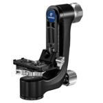 Leofoto PG-3L 2-weg kantelkop carbon gimbal frontaal aanzicht met verticale arm, schaalverdeling en lange snelkoppelingsplaat.
