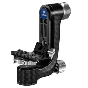 Leofoto PG-3L 2-weg kantelkop carbon gimbal frontaal aanzicht met verticale arm, schaalverdeling en lange snelkoppelingsplaat.