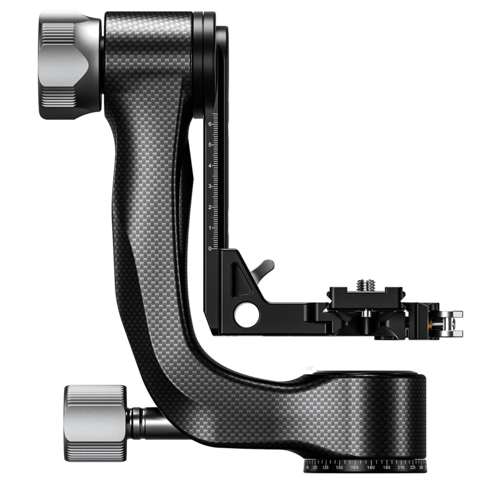 Leofoto PG-3L 2-weg kantelkop carbon gimbal zijaanzicht met zichtbare hoogteverstelling en panoramabasis.