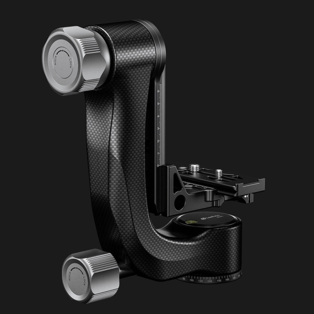 Leofoto PG-3L 2-weg kantelkop carbon gimbal in studio-opname tegen donkere achtergrond met grote stelknoppen.