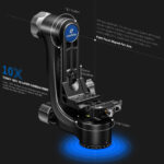 Leofoto PG-3L 2-weg kantelkop carbon gimbal schuin van boven met infografiek over 10-laags carbonconstructie.