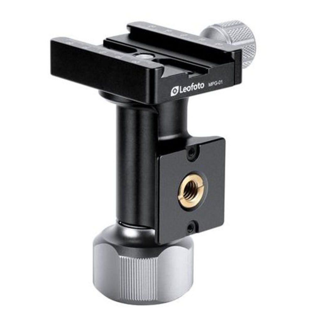 Leofoto MPG-1 2-weg kantelkop rechtop gemonteerd met Arca-Swiss-klem en 3/8-inch statiefaansluiting.