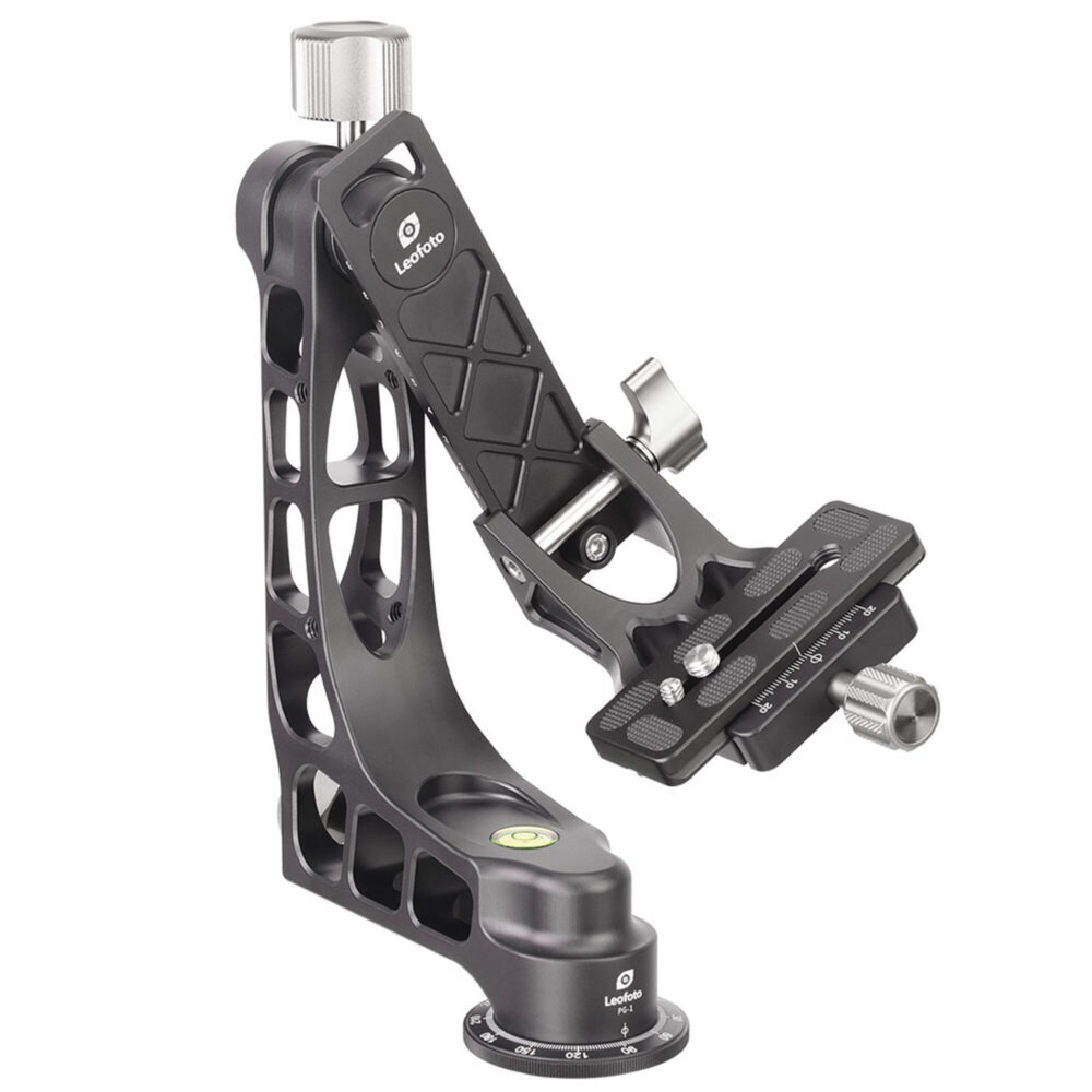 Leofoto PG-1 Kardankopf frontale weergave met hoge verticale arm en lange lensplaat.