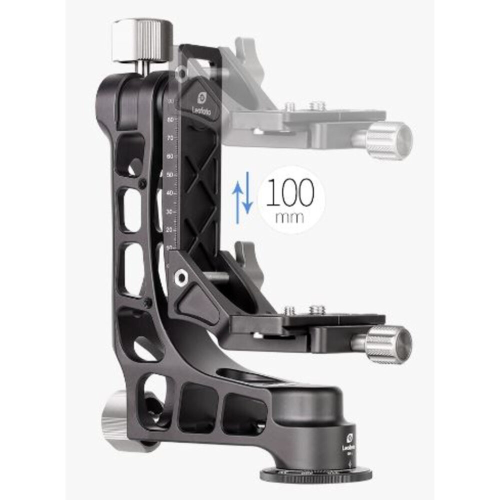 Leofoto PG-1 Kardankopf technische zijaanzichtillustratie met schaalverdeling en instelhoeken.