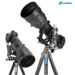 Leofoto PG-1 Kardankopf in gebruik met camera en groot teleobjectief op tripod.