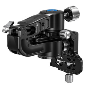 Leofoto PG-2 2-weg kantelkop zijaanzicht met horizontale arm en Arca-Swiss-slede voor montage van teleobjectieven.