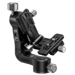 Leofoto-2-way-panheads-PG-2-Gimbal-5 Leofoto PG-2 2-weg kantelkop naast meegeleverde grijze draagtas getoond op neutrale achtergrond.