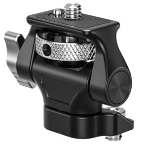 Leofoto FM-03 monitorhouder zijaanzicht met kantelmechanisme en geribbelde zilveren klemring.