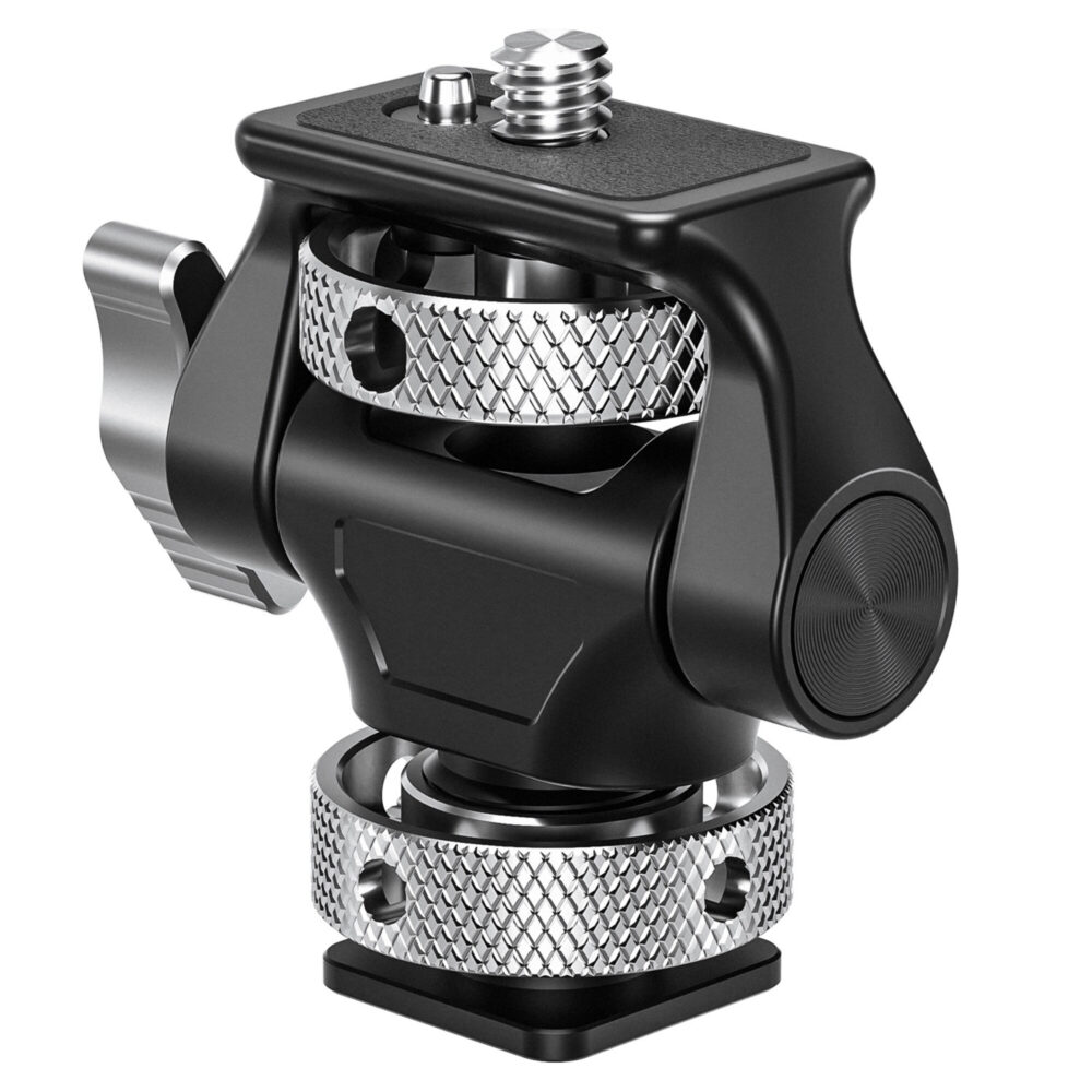 Leofoto FM-04 monitorhouder zijaanzicht met kantelmechanisme en vergrendelknop op robuuste aluminium body.