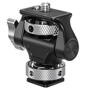 Leofoto FM-04 monitorhouder zijaanzicht met kantelmechanisme en vergrendelknop op robuuste aluminium body.